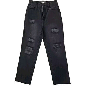 Pacsun ~Woman Size 29~ Black Denim Cotton Button Fly Distressed Jeans Raw Hem.